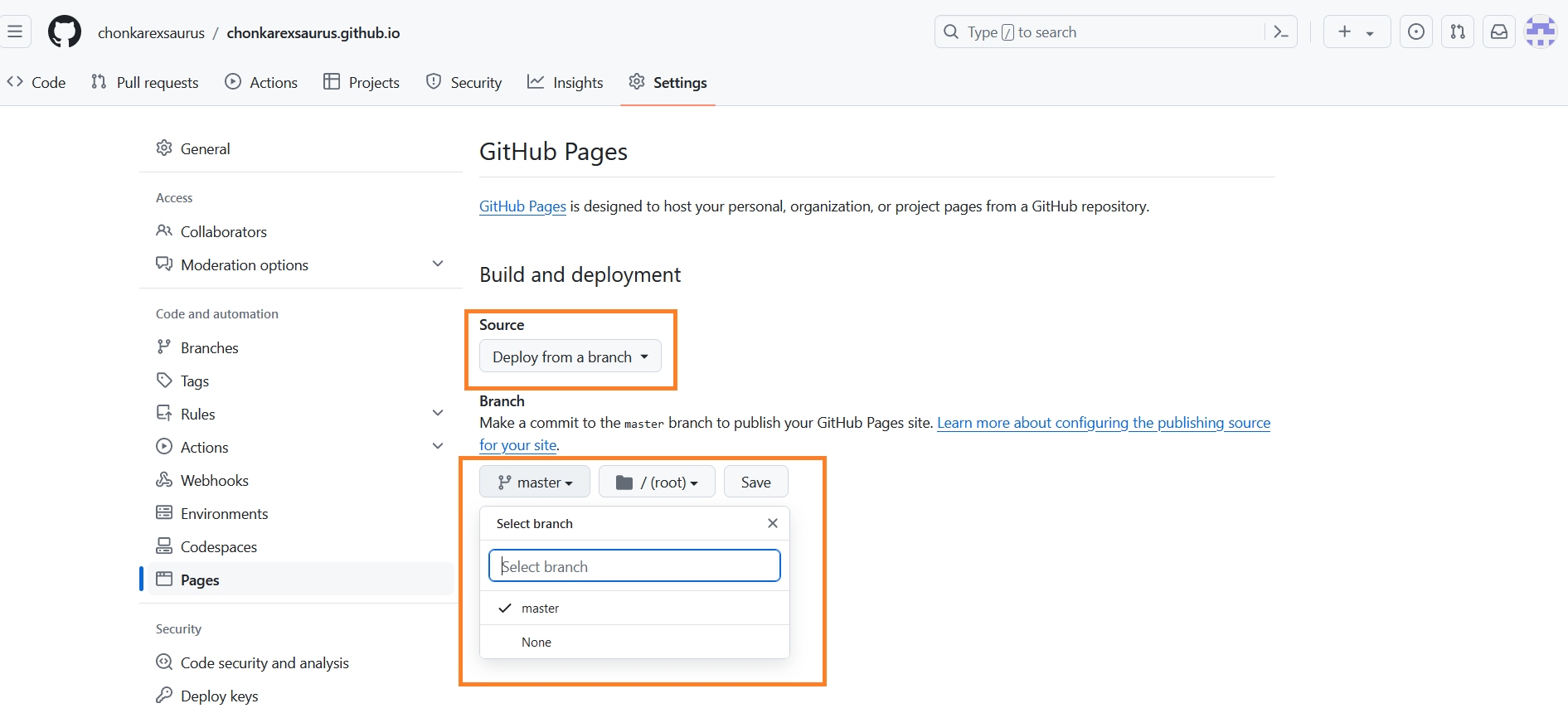 Choose branch to publish Github Pages